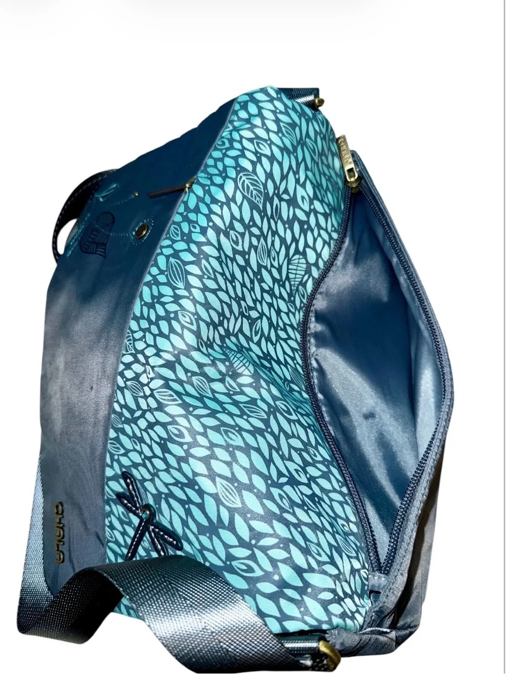 Chala CV  Envoy Dragonfly Flap Crossbody Messenger Bag Gray/Aqua RFID Protected